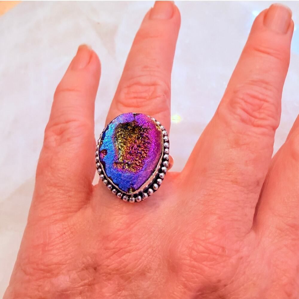 Rainbow Titanium Druzy 925 Silver Plated Ring Size 10